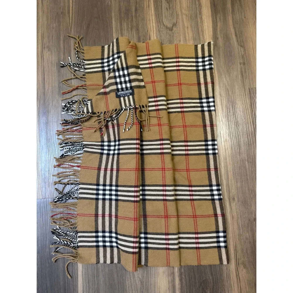 Tan Check Lambswool Plaid Scarf 100% Wool Fringed 66